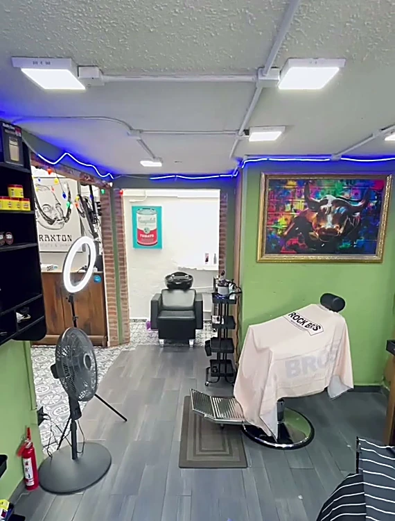 Interior con muro verde, luz LED azul en el techo, sillones negros y el cuadro del toro.
