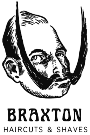 Logo de Braxton Barber Shop: un señor grabado a plumilla con bigote de manubrio, Haircuts and Shaves.
